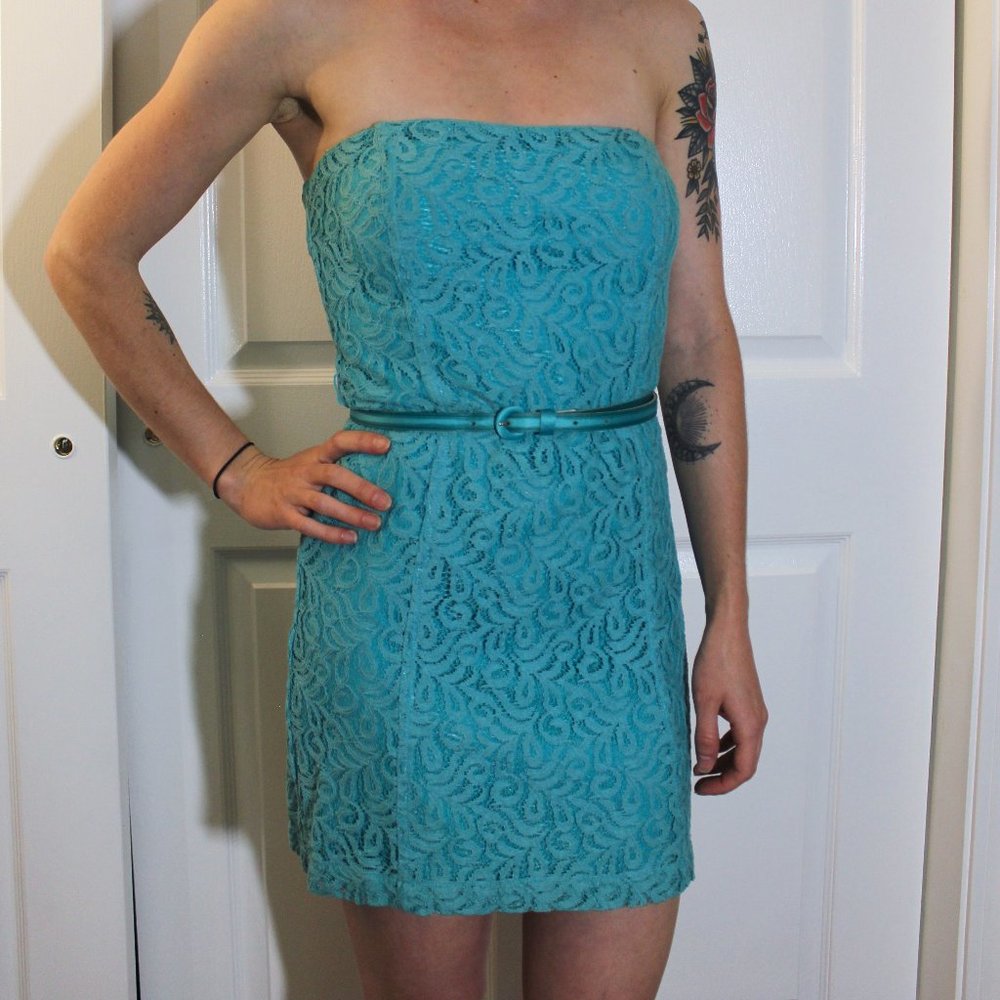 Teal Lace Strapless Dress